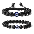 Detail von Tigerauge und Böser Blick Perlenarmbänder mit schwarzen geflochtenen Perlen - Kartonverpackung / Mattschwarzes Perlenarmband Set (G0306)