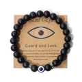 Herrenarmband aus Naturstein mit blauem Evil Eye Auge auf Kraftpapier-Karte - 19cm / Kartonverpackung / Mattschwarze Perle Elastischer Stil (G0303)