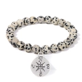 Armband aus weißen gefleckten Natursteinperlen mit silbernem Kompass-Anhänger - 19cm / Dalmatiner Jaspis (FD10409-19CM)