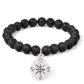 8mm schwarzes Lavastein-Perlenarmband für Herren mit einem Vintage-Kompass-Anhänger - 19cm / Lava Stone (FD10413-19CM)