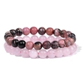 Two-piece set of 8mm natural pink quartz and rhodonite stone bead bracelets for women - 8mm Rose Quartz & Rhodonite