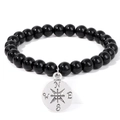 8mm schwarzes Steinperlenarmband mit elastischem Band und vintage Kompass-Anhänger - 19cm / Schwarzer Achat (FD10416-19CM)