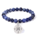 Blaues Naturstein-Armband mit 8mm Perlen und einem runden Vintage-Kompass-Anhänger - 19cm / Sodalith (FD10419-19CM)