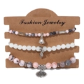 Three-piece beaded bracelet set with lotus, feather, and tree pendants on display card - Pink Grey Marble Pattern Beaded Bracelet (FK1026-19CM)