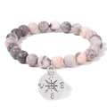 8mm Naturstein Armband mit silbernem Kompass Anhänger in rosa und grauen Tönen - 19cm / Rosa Zebra Jaspis (FD10421-19CM)