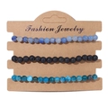 Three-piece stretch stone bead bracelet set with blue and black lava rocks on card - 19cm / Light Blue Black Lava Blue Beads (FK0496)