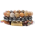 Ensemble de trois bracelets en perles de pierre oeil de tigre et bois avec cylindres mantra - Style Élastique Agate Fleur et Hématite (FK1596)