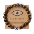 Tigerauge Armband mit Evil Eye Perle auf hochwertiger Kraftkarte für Herren - 19cm / Kartonverpackung / Tigerauge Elastischer Stil (G0304)