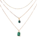 Three-layer 18k gold plated necklace featuring natural green stone and pearl pendants - Malachite Look Drop and Rectangle Style / Gold and Green (FN1846)