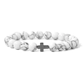 Gedetailleerde close-up van witte marmeren stenen kralen met een zwart metalen kruis - Wit Howliet Textuur Stijl (H0041-19cm)