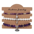 Three-piece purple and white stone bead bracelet set with silver tree leaf charms - Purple and White Beaded Bracelet (FK1028-19CM)