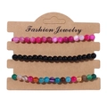 Three-piece set of 4mm natural stone beaded elastic bracelets in pink, black, and multicolor - 19cm / Rose Pink Black Mixed Beads (FK0532)