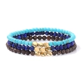 Three-piece set of 4mm natural stone beaded bracelets in blue and brown with gold disks - Turquoise and Deep Blue Stone Style (FK1842-19CM)
