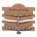 Ensemble de trois bracelets en perles avec pendentifs feuille et lotus sur carte - Bracelet Perlé Motif Jaspe Dalmatien et Blanc (FK1034-19CM)