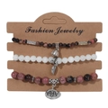 Ensemble de trois bracelets perlés avec breloques feuille et lotus sur carte - Bracelet Perlé Motif Rhodochrosite et Blanc (FK1037-19CM)