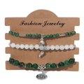 Ensemble de bracelets en perles de pierre verte avec pendentifs lotus et feuille - Bracelet Perlé Vert et Blanc (FK1038-19CM)