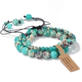 Detailed close-up of three woven gemstone bead bracelets in turquoise and purple tones - Shoushan Stone / 19cm