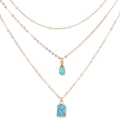 Three-layer 18k gold chain necklace with turquoise stone pendants and white beads - Turquoise Color Drop and Rectangle Style / Gold and Blue (FN1847)