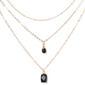 Three-layer 18k gold plated necklace with pearls and black gemstone pendants - Black Drop and Rectangle Style / Gold and Black (FN1848)