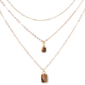 Three-layer 18k gold necklace set with white pearls and brown tiger eye stone pendants - Tiger Eye Color Drop and Rectangle Style / Gold and Brown (FN1849)