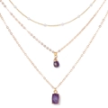 Three-layer gold necklace set featuring purple teardrop and rectangular stone pendants - Gold and Purple (FN1851)