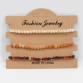 Three-piece set of woven bracelets with 4mm natural stone beads in beige and orange tones - Yellow Topaz Red Aventurine Coffee Striped Agate