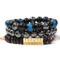 Three-layer bracelet set with blue tiger eye stones and mantra engraved metal plaque - Deep Blue Tiger Eye and Hematite Style (FK1589)
