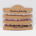 Three-piece set of natural stone bead bracelets with purple and grey beads on card - White Crazy Lace Agate Purple Lepidolite Purple Striped