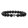 Elastische kralenarmband met matzwarte kralen en een gunmetal kruis voor heren - Mat Zwart met Zeshoekige Kralen (H0043-19cm)