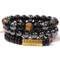 Three-layer tiger eye stone bracelet set with mantra engraving and colorful cord - Obsidian and Tiger Eye Mantra Style (FK1590)