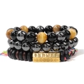 Three-piece set of tiger eye and wood bead bracelets with golden engraved metal charms - Tan Tiger Eye Religious Style (FK1592)