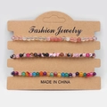 Three-piece set of pink and marbled 4mm natural stone beaded bracelets on display card - Watermelon Skin Rose Red Agate Rainbow Striped