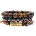 Lot de trois bracelets en pierres œil de tigre et perles de bois avec tube mantra doré - Style Bohème Œil de Tigre Jaune et Bois (FK1597)