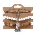 Three-piece stone bead bracelet set with silver tree of life, leaf, and feather charms - Brown Spotted Stone Style (FK0983-19cm)