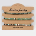 Three-piece natural stone bead bracelet set in green and black on display card - Moss Agate Green Striped Green Fire Agate