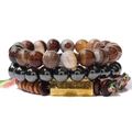 Ensemble de trois bracelets avec perles oeil de tigre, bois et mantra en métal gravé - Style Agate Rubanée et Mantra (FK1598)