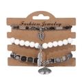 Three-piece stretch beaded bracelet set with leaf, feather, and tree of life charms - Black Gray Textured Style (FK0984-19cm)