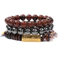 Ensemble de trois bracelets en perles de pierre naturelle oeil de tigre avec corde tressée - Style Religieux Pierre à Motifs Rouge et Noir (FK1604)