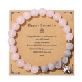 Bracelet en quartz rose avec pendentif cœur sur carte cadeau Happy Sweet 16 ans - Style Pierre Rose et Grise 16ème Anniversaire (H0096-19cm)