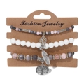 Three-piece stone bead bracelet set with tree of life, leaf and feather charms - Pink Gray Textured Style (FK0988-19cm)