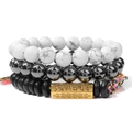 Ensemble de trois bracelets superposables en howlite avec tube doré gravé de mantras - Style Élastique Howlite et Mantra (FK1608)