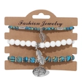 Three-piece beaded bracelet set featuring natural stones with tree of life and leaf pendants - Blue Black Striped Style (FK0989-19cm)