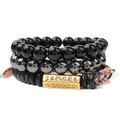 Lot de trois bracelets en œil de tigre et pierre avec perles mantra et cordons colorés - Style Minimaliste Obsidienne et Hématite (FK1610)