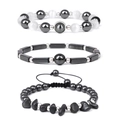Driedelige amethist armbanden set met onregelmatige stenen kralen en geweven koord - 3-delige set / Zwart Hematiet