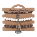 Three-piece bohemian beaded bracelet set with Tree of Life, leaf, and feather charms - Dark Brown Pattern Style (FK0993-19cm)