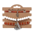 3-piece natural stone bead bracelet set with silver Tree of Life and leaf charms - Red Brown Agate Style (FK0994-19cm)