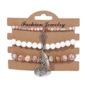 Three-piece beaded bracelet set featuring pink marble beads, tree of life and leaf charms - Orange Pink Textured Style (FK0995-19cm)