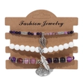 Three-piece bohemian beaded bracelet set with Tree of Life, leaf and feather charms - Amethyst Style (FK0999-19cm)