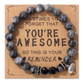 Grey labradorite beaded bracelet with a metal wish pendant on gift message card - Gray