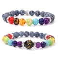 Two-piece set of retro chakra beaded bracelets with engraved golden charm and blue beads - Black Weathered Stone